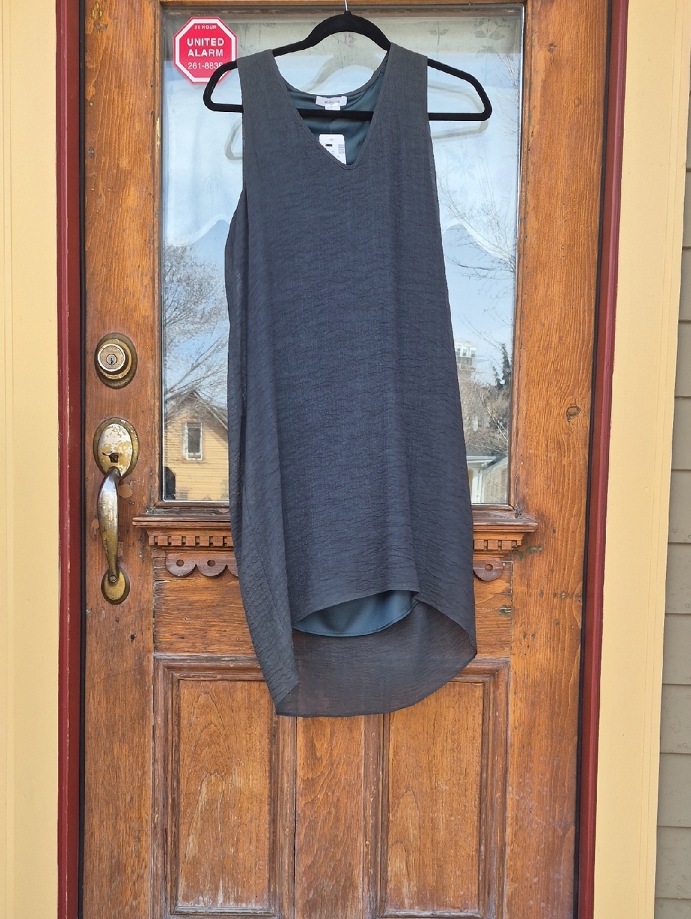 Helmet Lange Sleeveless V-Neck High-Low Tunic  in Dark Green/ Charcoal Gray